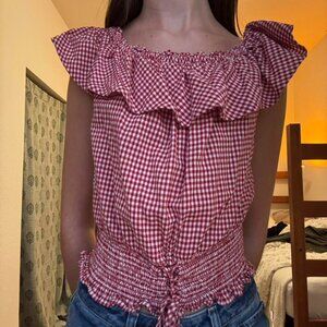 Vintage Red & white gingham blouse with ruffle neckline